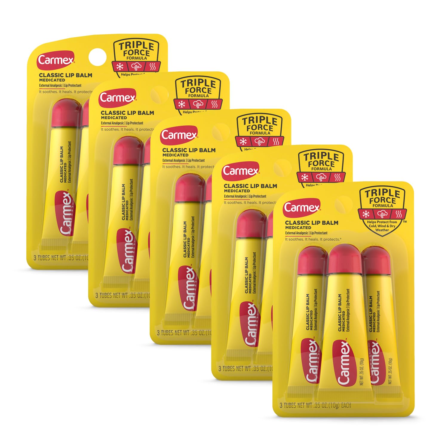 Carmex Classic Medicated Lip Balm Tubes, Lip Moisturizer For Chapped Lips, 15 Count (5 Packs Of 3)