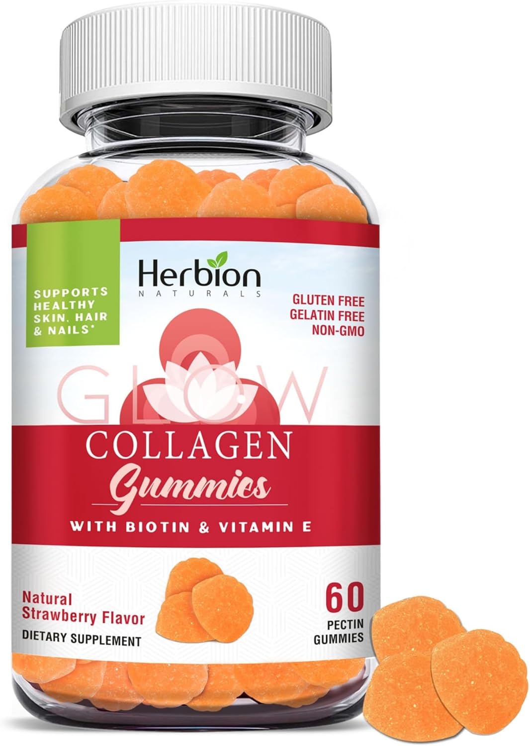 Herbion Naturals Collagen Gummies With Biotin & Vitamin E, Helps Support Healthy Skin, Hair, & Nails*, Natural Strawberry Flavor, Gluten-Free, Non-Gmo, 60 Pectin Gummies, Made In Usa