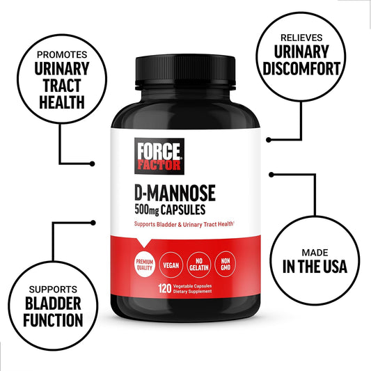 FORCE FACTOR D Mannose, D-Mannose 500mg Supplement to Support Urinary Tract Health for Women and Men, Bladder Control Supplements, Premium Quality, Vegan, Non-GMO, 120 Capsules