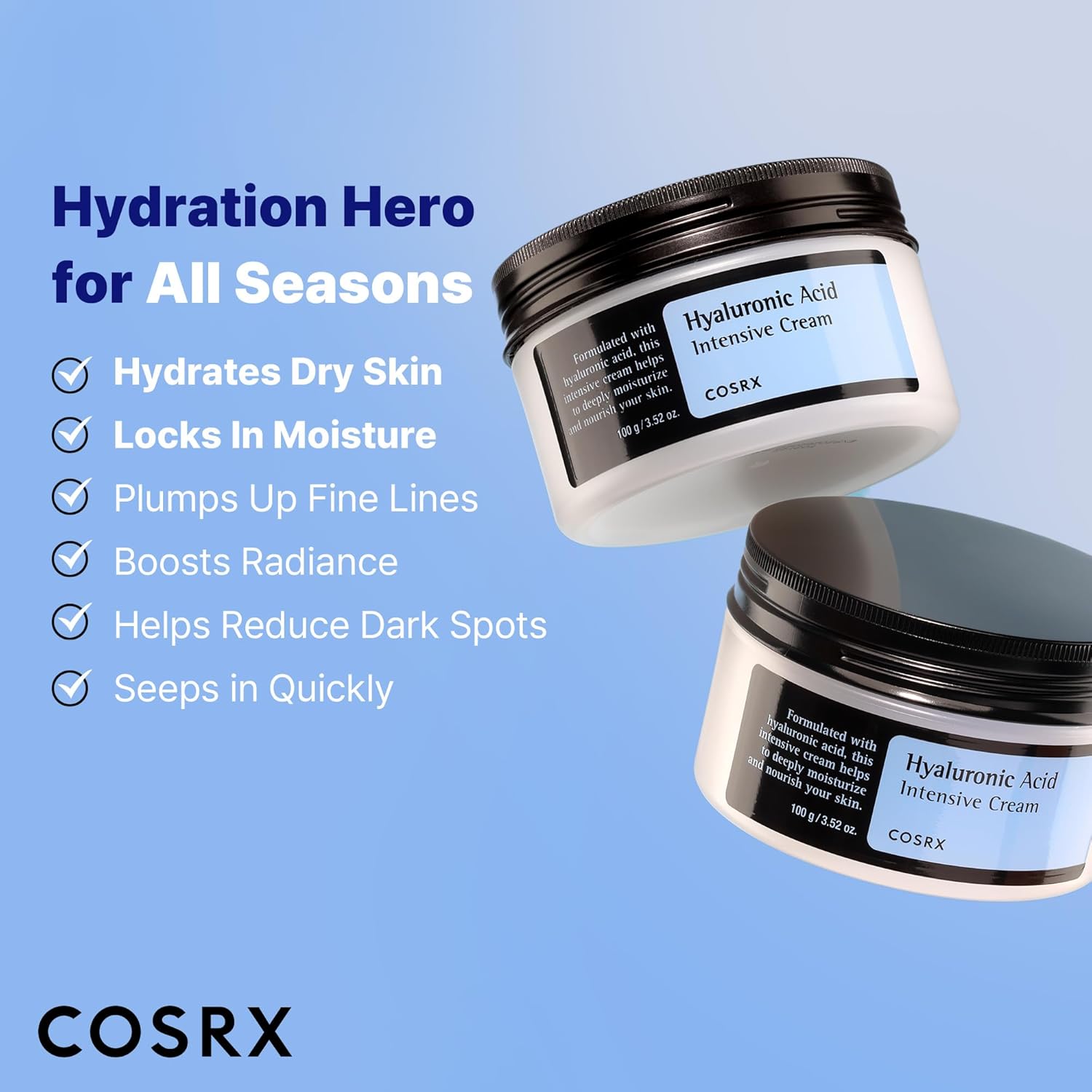 Cosrx Hyaluronic Acid Moisturizing Cream, Long-Lasting Hydration, Rich Moisturizer For Sensitive Skin 3.52 Oz / 100G, Korean Skin Care, Animal Testing Free, Parabens Free : Beauty & Personal Care