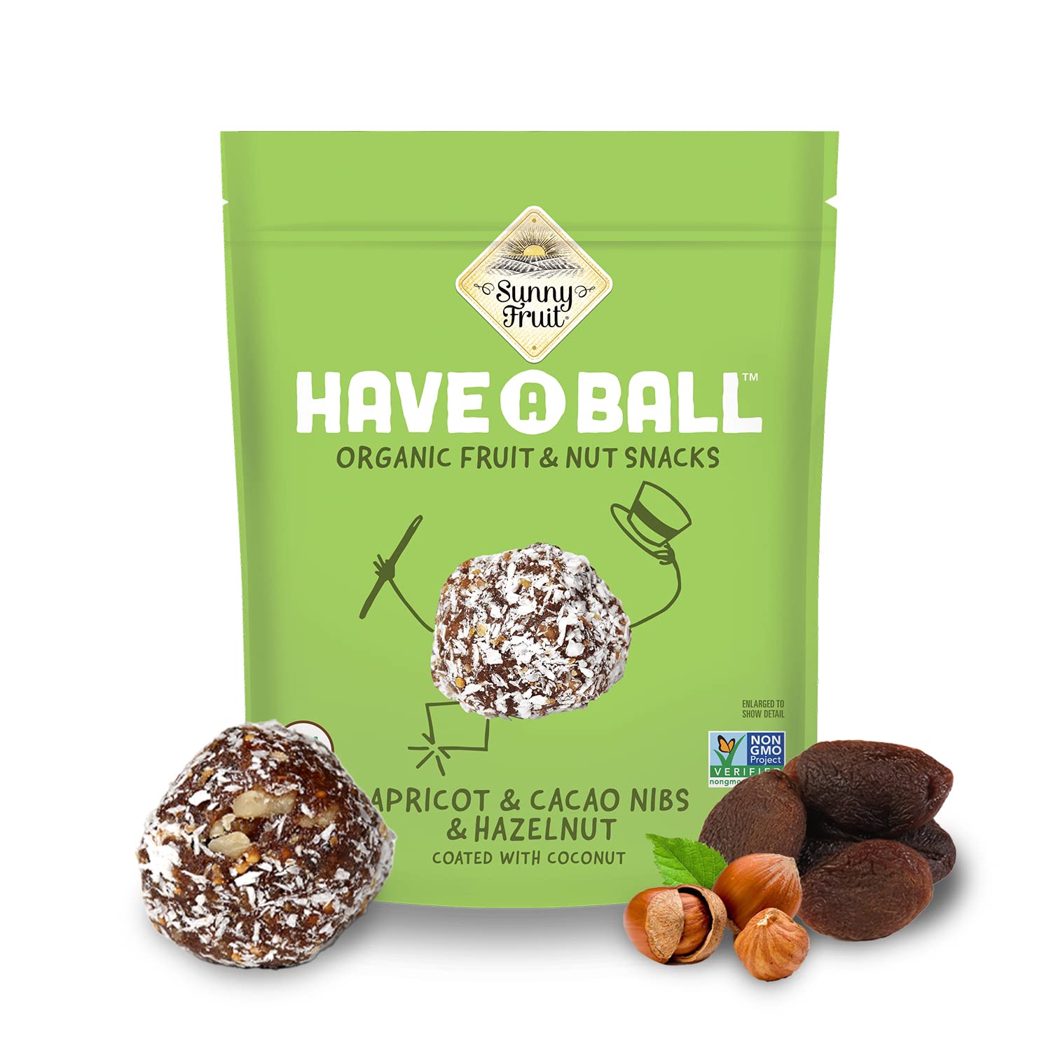 Sunny Fruit 100% Raw Fruit & Nut Snacks, Apricot, Cacao Nibs & Hazelnut, 1-Pack (9 Balls Per Bag) | Healthy, Convenient, On-The-Go Energy Balls | Organic, Vegan, Gluten-Free, Kosher, No Added Sugar