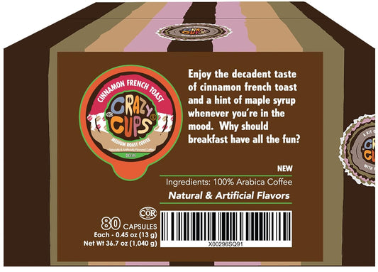 Crazy Cups Flavored Decaf Coffee, French Toast Cinnamon Coffee, Decaf Coffee Pods For Keurig K Cups Machines, Hot Or Iced Coffee, Single Serve Decaffeinated Coffee In Recyclable Pods, 80 Count