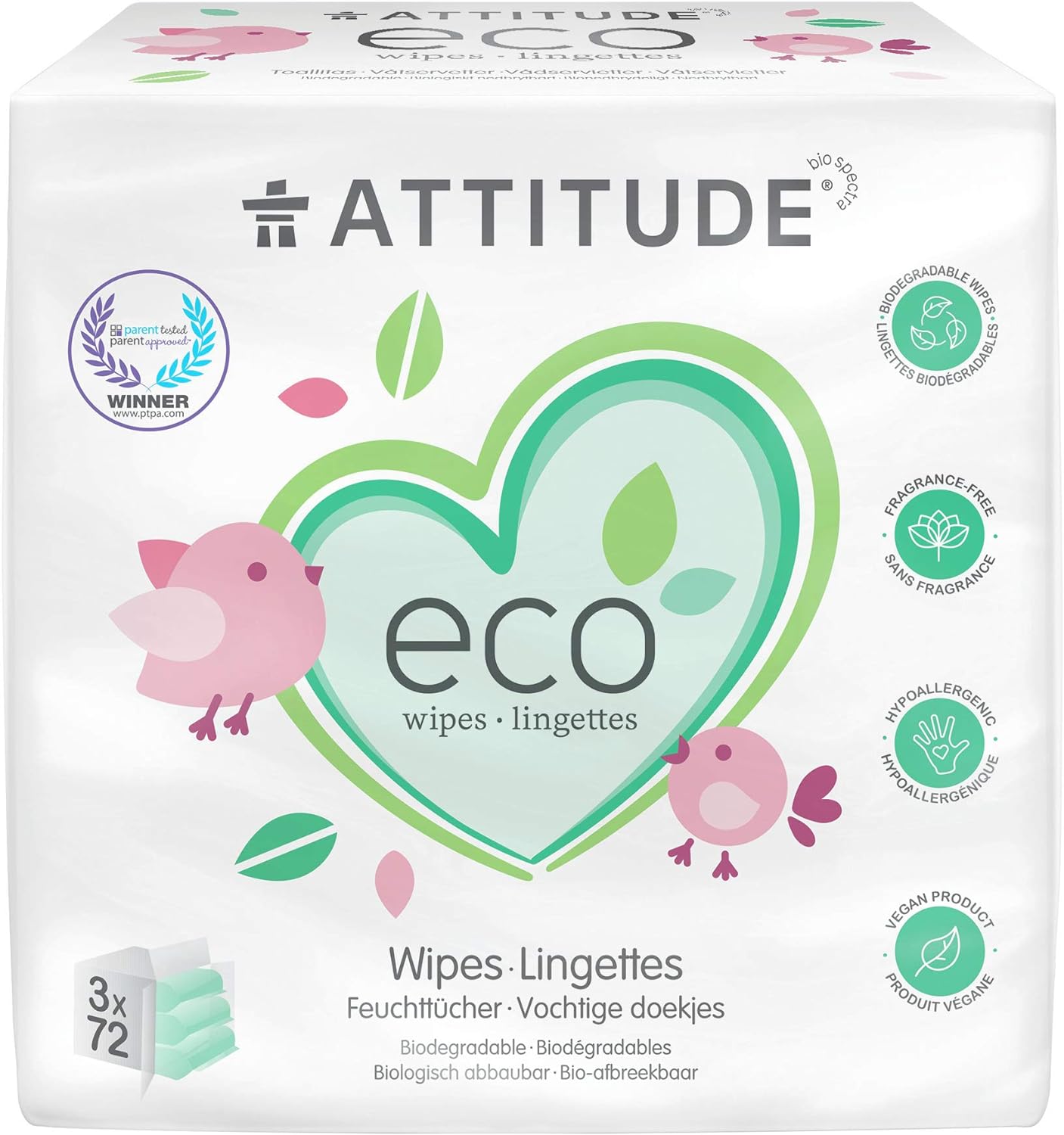 ATTITUDE Baby Wipes Refills, 100% Biodegrable Safe Natural Hypoallergenic for Sensitive Skin, EWG Verified PTPA, 3 X 72 Wipes Dispenser, 72 Count (Pack of 3)