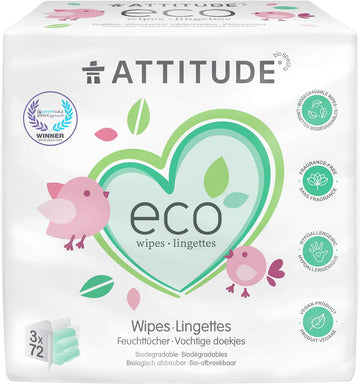 Attitude Biodegradable Baby Wipes, Plant Based Unscented Diaper Wipes For Babies And Newborn, Dermatologically Tested, Vegan, 72 Count (Pack Of 3)