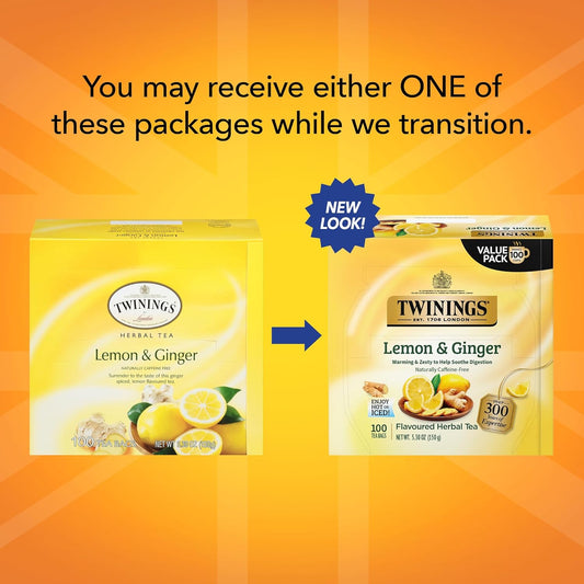 Twinings Lemon & Ginger Herbal Tea, 100 Individually Wrapped Tea Bags, Tangy Lemon, Spicy Ginger, Naturally Caffeine Free, Enjoy Hot Or Iced