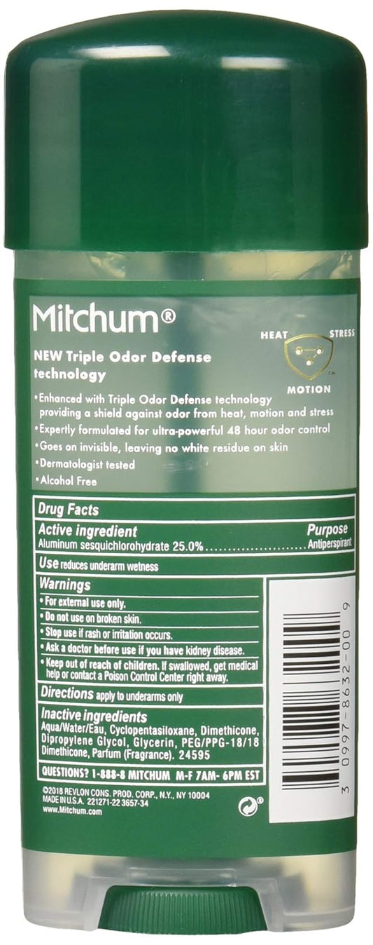 Mitchum Antiperspirant Deodorant Stick For Men, Triple Odor Defense Gel, 48 Hr Protection, Dermatologist Tested, Alcohol Free, Unscented, 3.4 Oz, Green