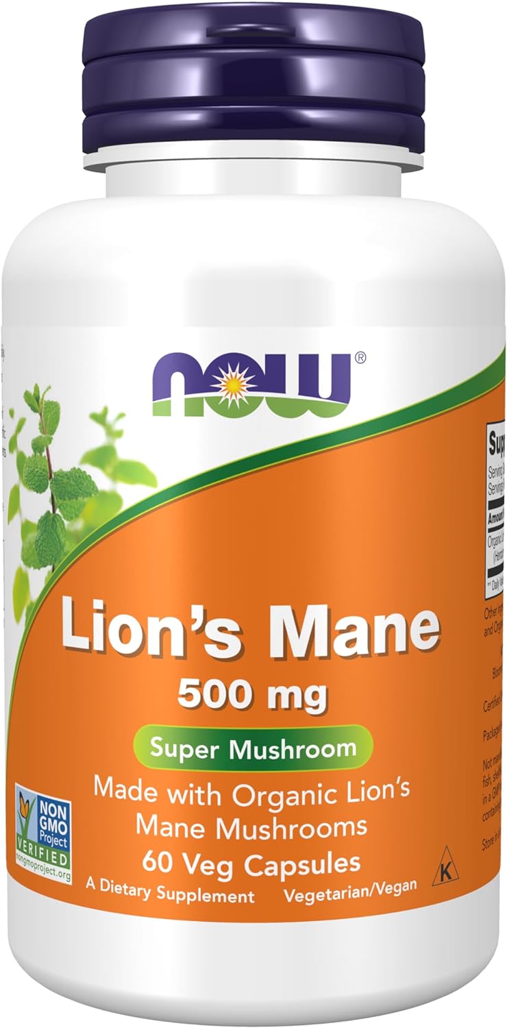 NOW Supplements, Lion's Mane 500 mg, Super Mushroom, Made with Organic Lion's Mane Mushrooms, 60 Veg Capsules