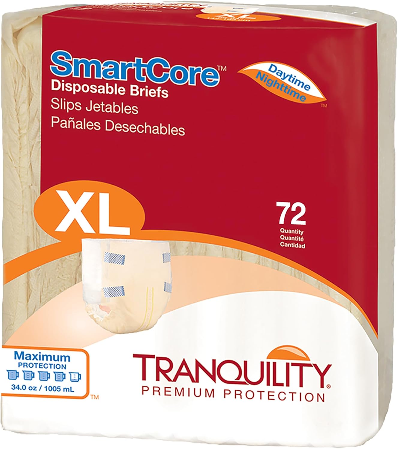 Tranquility Smartcore Adult Disposable Briefs, Incontinence Control With Breathable Kufguard Technology, Fastening Tabs,& Wetness Indicator, Latex-Free, Adult X-Large, 34Oz Capacity, 72Ct Case