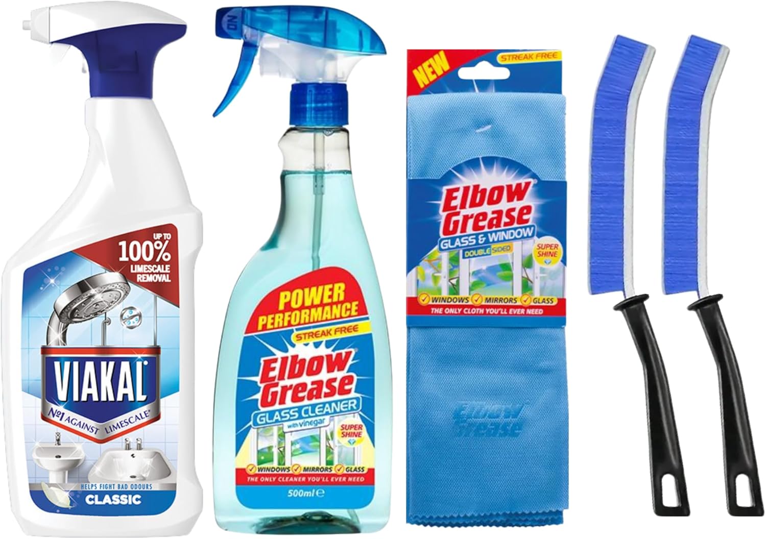 Limescale Remover Spray 500Ml, Glass Cleaner Spray 500Ml, Streak-Free Microfibre Cloth, 2X Blue Crevice Brushes – Bathroom & Glass Cleaning Bundle For Hard Water Stains, Shower Screens & Windows