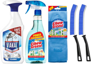 Limescale Remover Spray 500Ml, Glass Cleaner Spray 500Ml, Streak-Free Microfibre Cloth, 2X Blue Crevice Brushes – Bathroom & Glass Cleaning Bundle For Hard Water Stains, Shower Screens & Windows