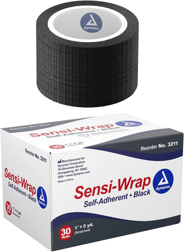 Dynarex 3211 Sensi-Wrap Self Adherent Bandage Roll, Black, 1" X 5 Yard, Pack Of 30