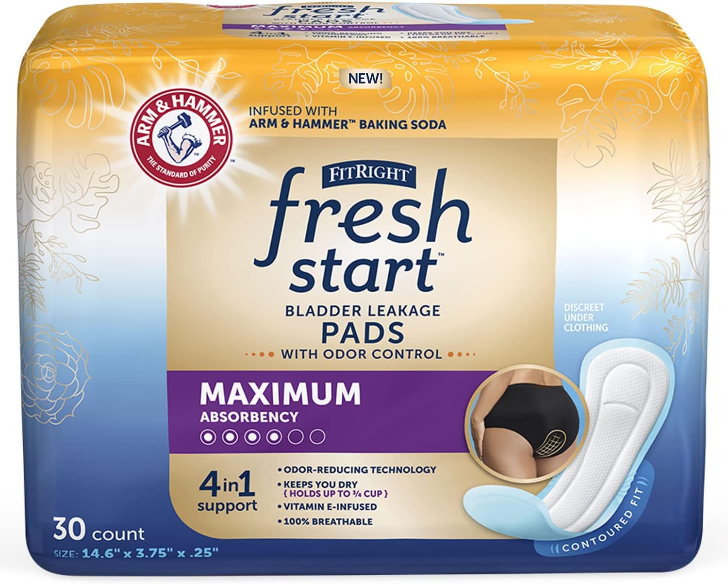 Fitright Fresh Start Postpartum And Incontinence Pads For Women, Maximum Absorbency (30 Count) Bladder Leakage Pads With The Odor-Control Power Of Arm & Hammer (30 Count, Pack Of 1)