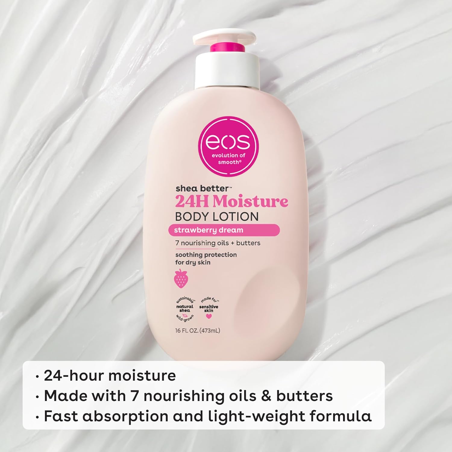 Eos Shea Better Body Lotion- Strawberry Dream, 24-Hour Moisture Skin Care, Lightweight & Non-Greasy, Made With Natural Shea, Vegan, 16 Fl Oz : Beauty & Personal Care
