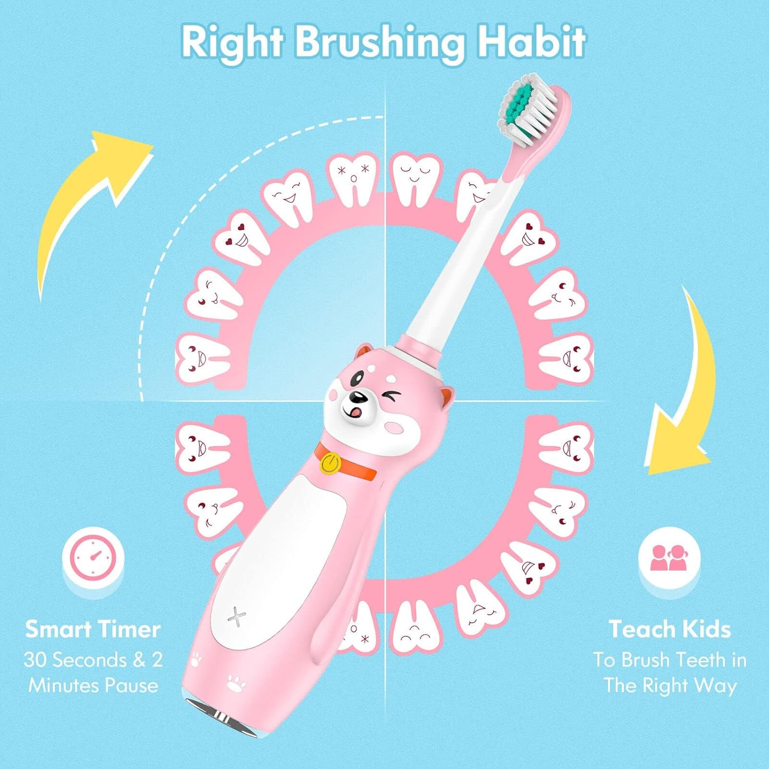 DADA-TECH Kids Electric Toothbrush Rechargeable, Sonic Silicone Teeth Brush with Timer for Children Boys Girls Ages 3+, 3 Modes with Memory, 4 Soft Brush Heads (Pink Shiba Inu Dog) : Health & Household