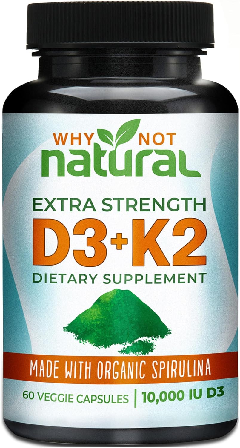 Vitamin D3 K2 (Mk-7) With Organic Spirulina, 10000 Iu Extra Strength Supplement In Veggie Capsules, Supports Bone Health, Immune System And Mood