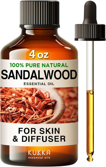 Kukka Sandalwood Essential Oils For Diffuser & Skin - 4 Fl Oz 100% Pure Natural Sandalwood Oil - Sandalwood Essential Oil For Skin Hair Massage & Perfume - Soap Making Scent & Diy