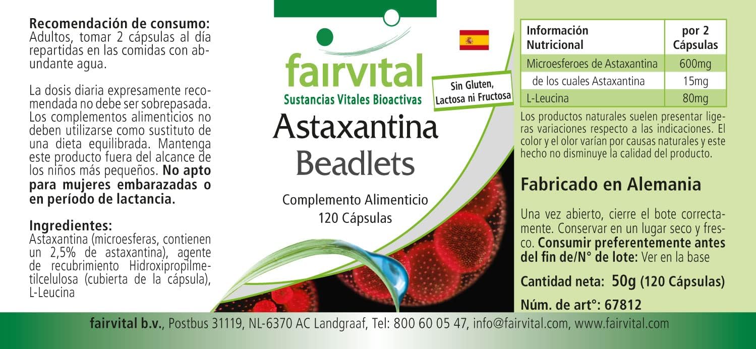 Fairvital | Astaxanthin 15mg per day - HIGH DOSAGE - 120 capsules - microencapsulated in AstaPure® beadlets : Amazon.co.uk: Health & Personal Care