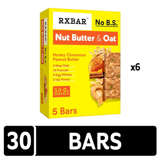 Rxbar Nut Butter And Oat Protein Bars, Protein Snacks, Snack Bars, Honey Cinnamon Peanut Butter (6 Boxes, 30 Bars)