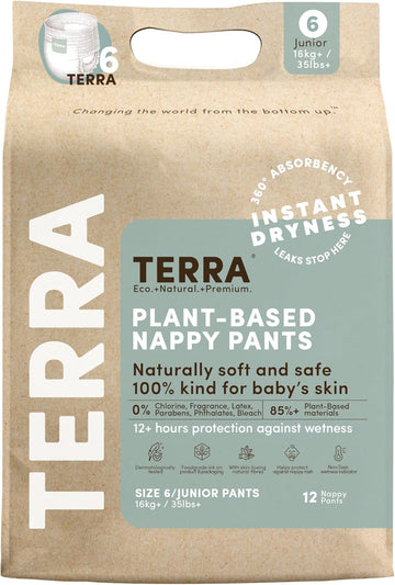 Terra Size 6 Training Pants– 85% Plant Based Pull-Up Style Diapers, Ultra-Soft & Chemical-Free For Sensitive Skin, Superior Absorbency, Perfect Overnight Diapers, For Toddlers 35+ Pounds, 12 Count