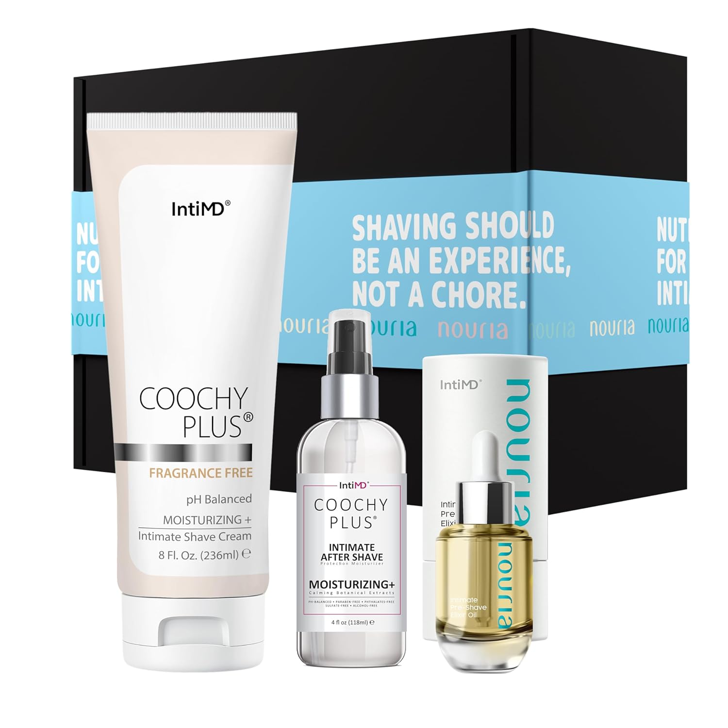 Coochy Plus Hydrolock Moisturizing+ 3-Steps Kit Intimate Shave Gift Set: Nouria Pre-Shave Elixir Oil + Coochy Plus Shave Cream Fragrance Free + Coochy Plus After Shave Protection Mist