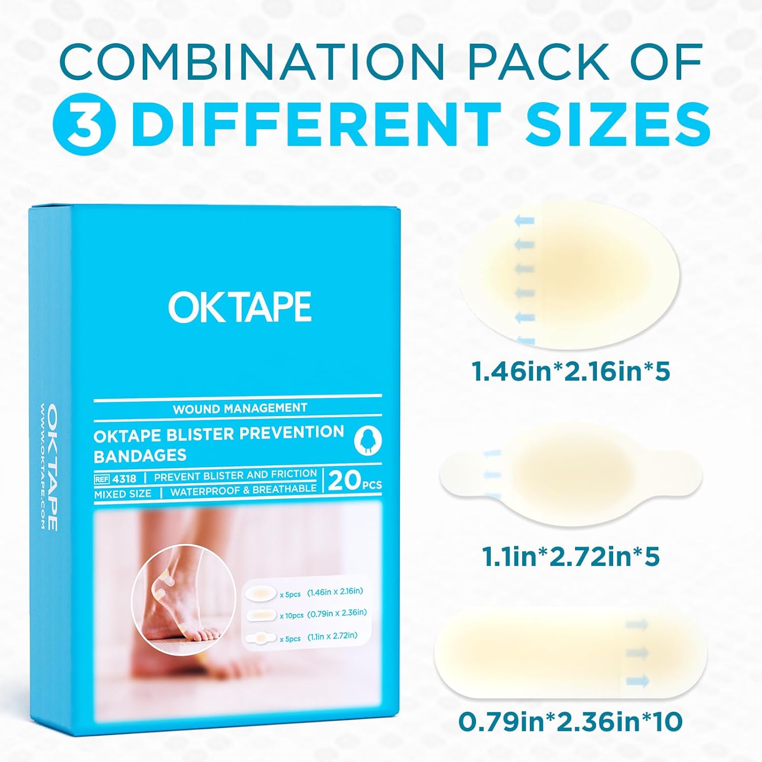 Buy Ok Tape Blister Bandage,Waterproof Blister Prevention For Heel,20 Count(1.46In X 2.16In-5Pcs,1.1In X 2.72In-5Pcs,0.79In X 2.36In -10Pcs) On  Free Shipping On Qualified Orders