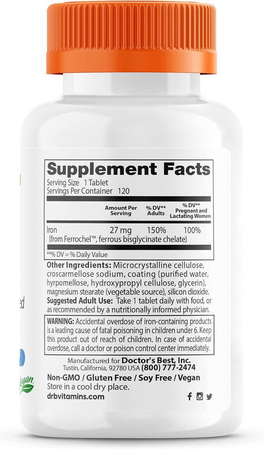 Doctor'S Best High Absorption Iron Tablet With Ferrochel, Gentle On The Stomach, Immune Health, Blood Health, 27 Mg (Pack Of 2)