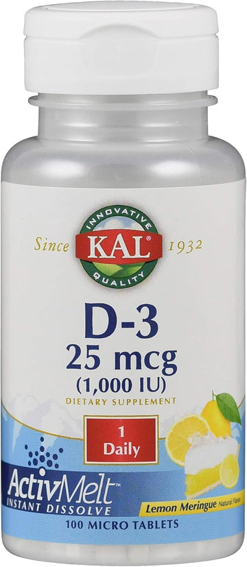 KAL Vitamin D-3 1000 IU | Natural Lemon avor ActivMelt Micro Tablets | Healthy Immune Function & Bone Support | 100ct