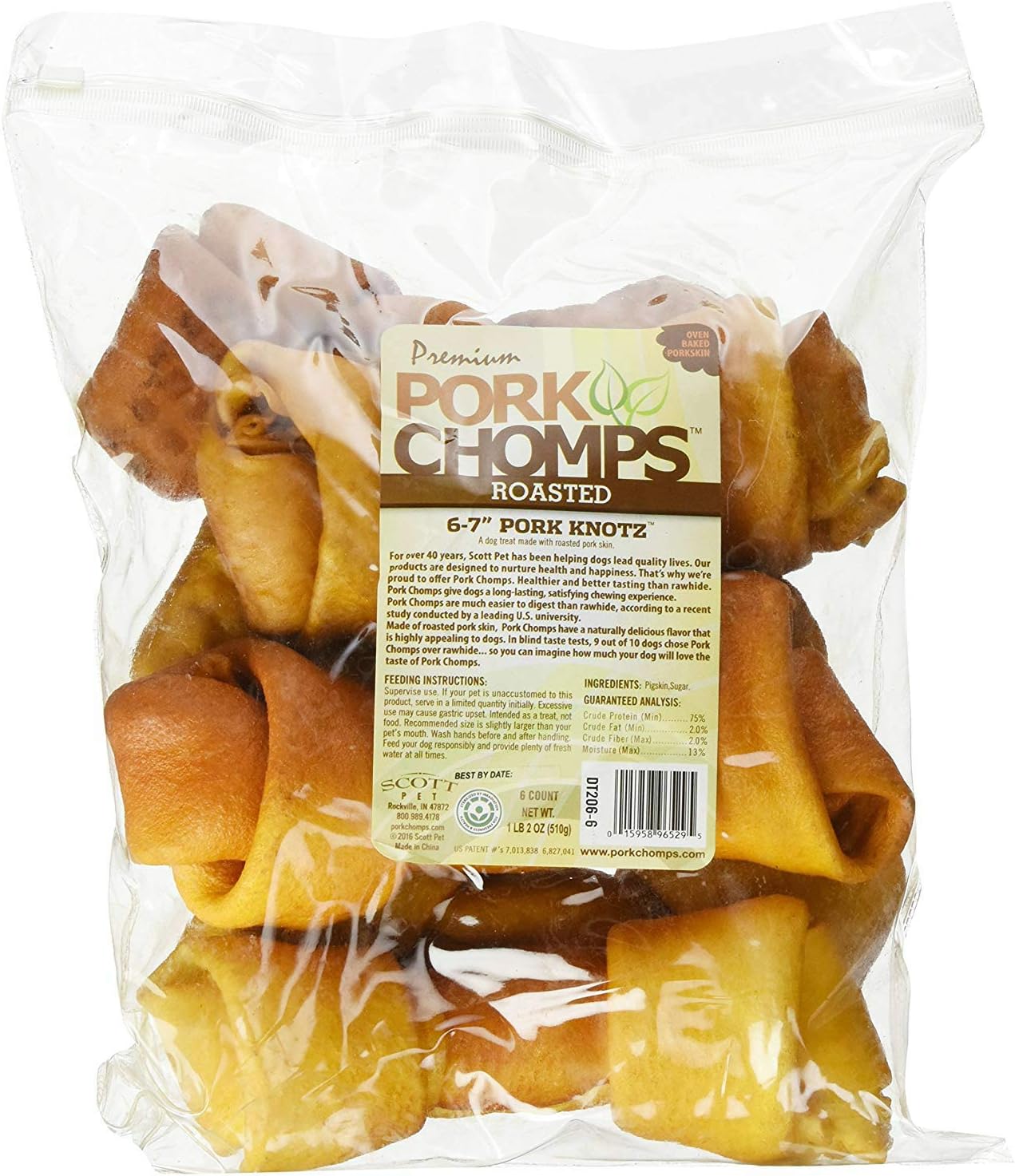 Pork Chomps Roasted Pork Skin Dog Chews, 6-inch Knots, 6 Count