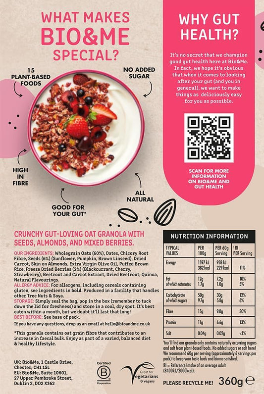 Bio&Me: Super Berry Granola 3-Pack (3 X 360 G) - Vegan, No Added Sugar, Gut-Loving