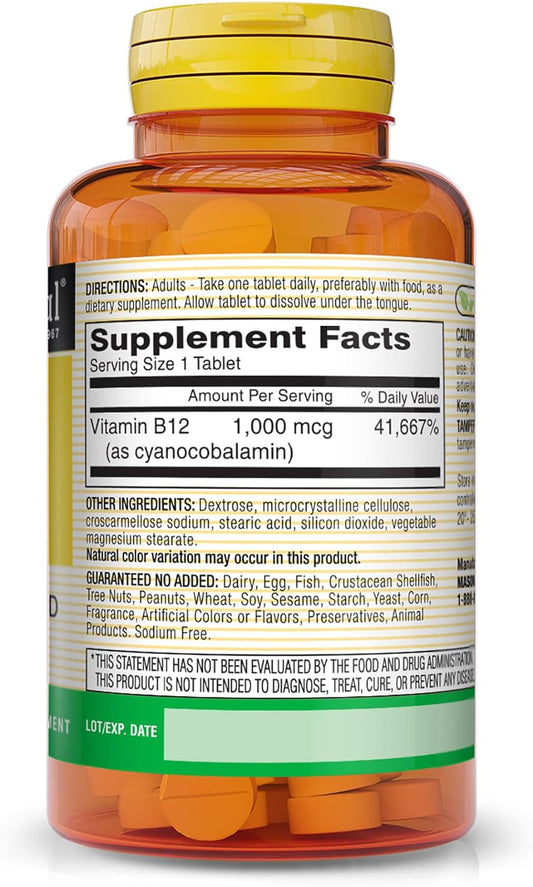 Mason Natural Vitamin B12 1000 Mcg Quick Dissolve - Healthy Conversion Of Food Into Energy, Supports Nerve Function And Health, 100 Tablets