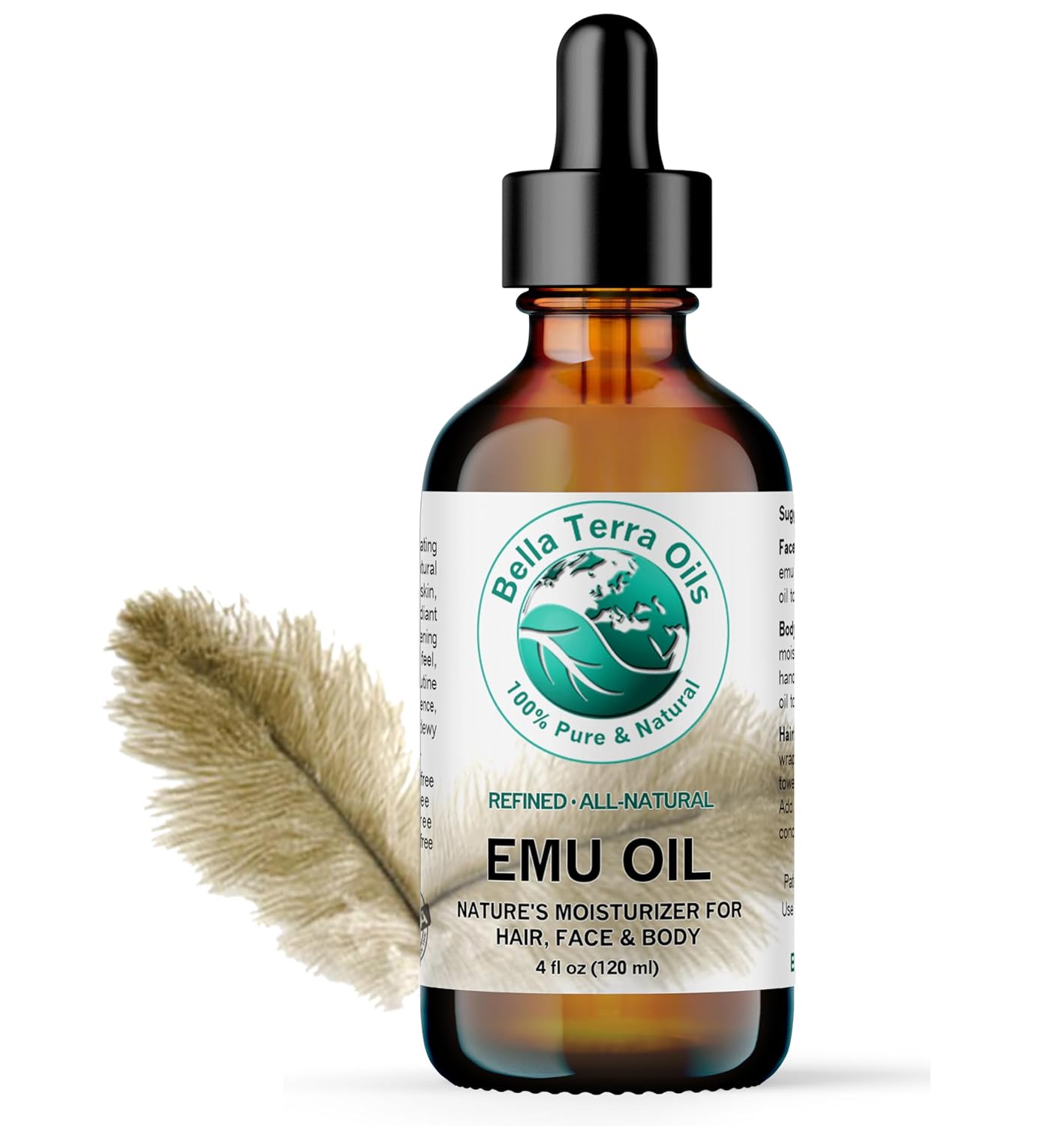 Bella Terra Oils - Emu Oil 4 oz - Genuine Pure Australian Emu, Infused with Linoleic & Oleic Acid, Perfect Companion for Lustrous Skin