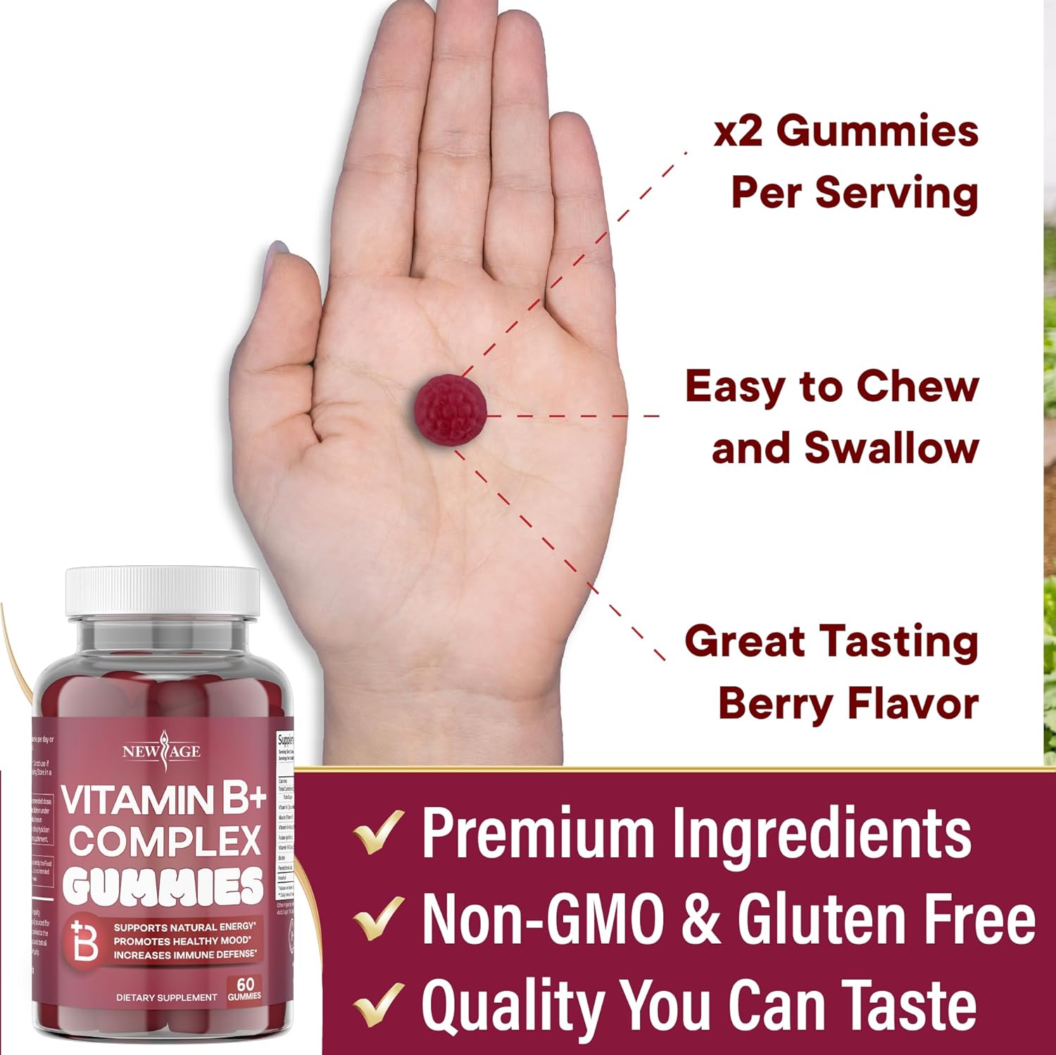 NEW AGE Vitamin B Complex Gummies with Vitamin B3, B5, B6, B7, B9 & B12 – with Biotin, Folic Acid & Vitamin C – Gluten-Free, Vegan, Made in The USA! (60 Count (Pack of 1)) : Health & Household
