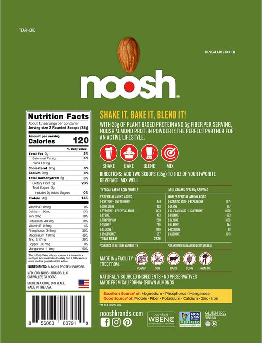 Noosh Plant Based Almond Protein Powder Chocolate 43 Gram - Vegan Protein Powder, All Natural Ingredients, Non-Gmo, Gluten Free, Kosher, Peanut Free, Soy Free, Dairy Free (Chocolate)