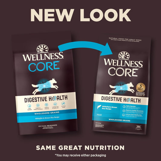 Wellness Core Digestive Health Dry Dog Food With Wholesome Grains, Highly Digestible, For Dogs With Sensitive Stomachs, Made In Usa With Real Protein (Whitefish & Brown Rice, 22-Pound Bag)