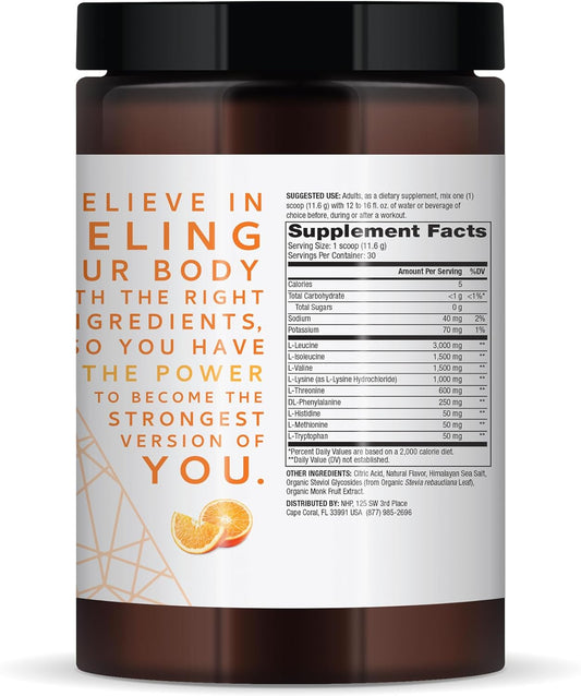 Dr. Mercola Pure Power Essential Amino Acids with BCAA, Orange Flavor, 12.3 oz (350 g), 30 Servings, 8 g of EAA, 6 g of BCAA, 0 g of Sugar, Non-GMO, NSF Certified for Sport