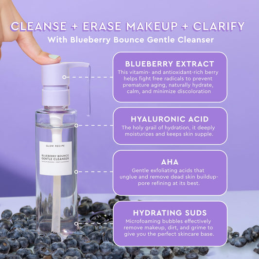 Glow Recipe Blueberry Bounce Gentle Face Cleanser - 3-In-1 Foaming Double Cleanser, Makeup Remover Face Wash & Clarifying Mask - Hydrating Hyaluronic Acid, Blueberry Extract & Exfoliating Aha (160Ml)