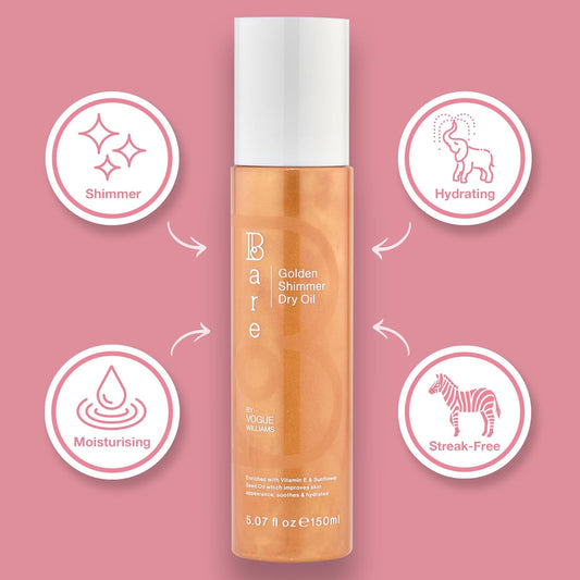 Bare By Vogue Golden Shimmer Dry Oil - Moisturise And Hydrate Your Skin With Gorgeous Sparkle - Lightweight & Quick-Drying Face & Body Shimmer Oil, 150Ml