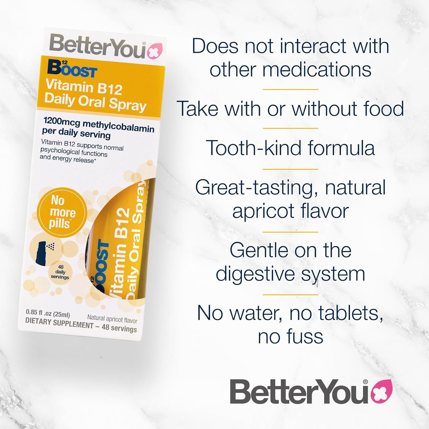 BetterYou Vitamin B12 Oral Spray, High Strength Methylcobalamin Supplement, 1200mg per dose to Boost Energy, Natural Apricot Flavour, 48-Day Supply : Amazon.co.uk: Health & Personal Care