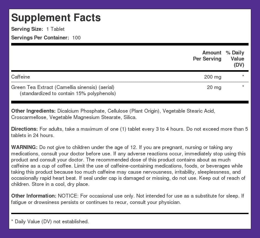 Piping Rock Caffeine Pills 200mg | 100 Tablets | with Green Tea Extract | Non-GMO, Gluten Free Supplement : Health & Household