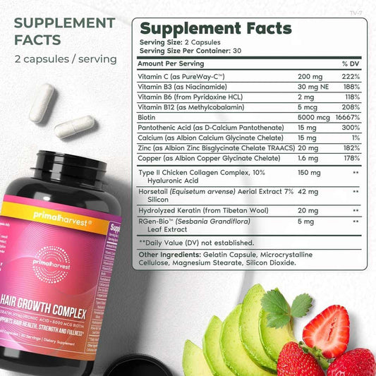 Primal Harvest 1 Pack, Hair Growth Vitamins, Hair Growth For Women & Men - 60 Hair Growth Pills, Natural Hair Thickening Product W/Biotin & Zinc - Hair Supplement, Regrowth Hair Vitamins