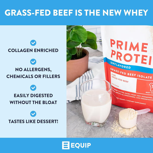 Equip Foods Prime Protein - Grass Fed Beef Protein Powder Isolate - Paleo And Keto Friendly, Gluten Free Carnivore Protein Powder - Unflavored, 1.39 Pounds - Helps Build And Repair Tissue