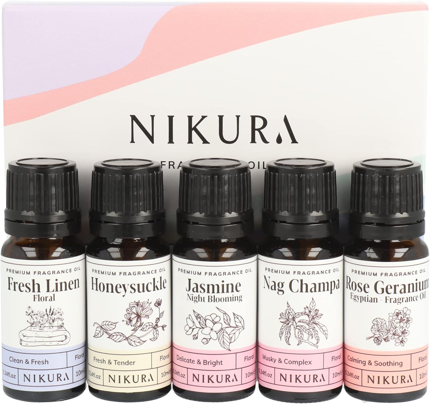 Nikura Floral Meadows Fragrance Oil Gift Set | Diffuser Oils For Oil Burners, Home, Diffusers | Scented Oils For Candle Making, Soap, Wax Melts, Yoga, Car, Perfume, Bath Bomb | 5 X 10Ml | Uk Made