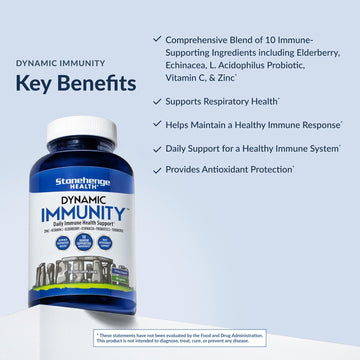 Stonehenge Health Dynamic Immunity Daily Supplement 10-In-1 Immune Boosters Zinc, Elderberry, Echinacea, Vitamin C & Probiotic L. Acidophilus – Supports Immune System & Respiratory Health, 60 Capsules