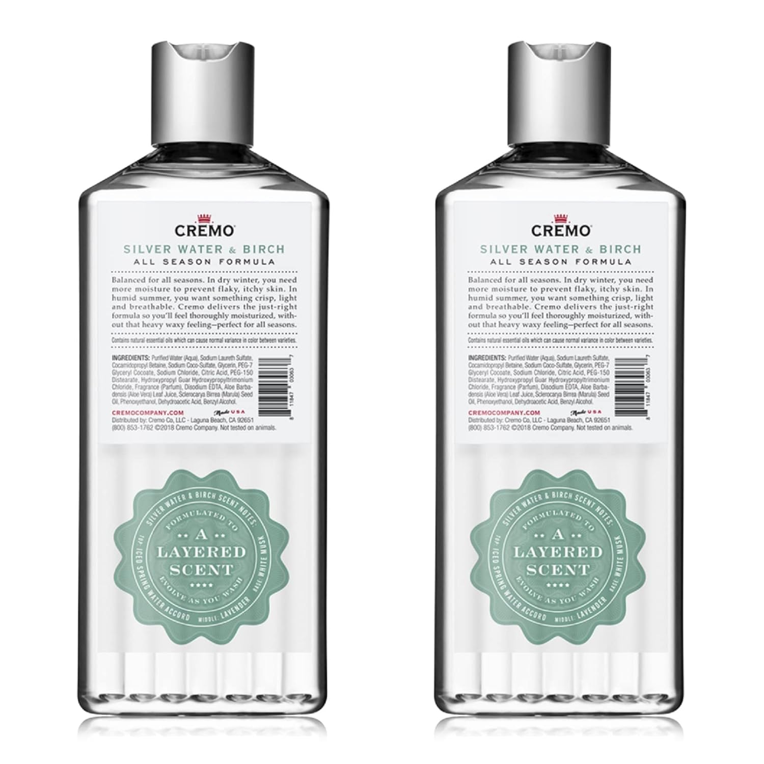 Cremo Rich-Lathering Silver Water & Birch Body Wash, A Revitalizing Combination of Glacier-Fed Streams and White Birch 16 Fl Oz (2-Pack) : Beauty & Personal Care