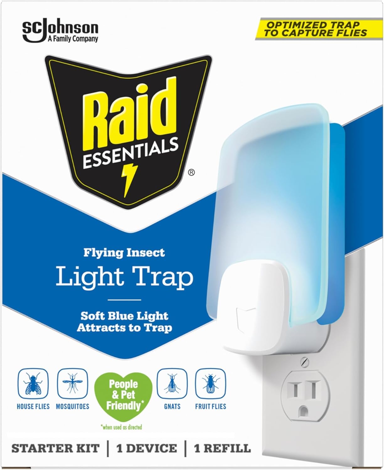 Raid Essentials Flying Insect Light Trap Starter Kit, 1 Plug-In Device + 1 Cartridge, Featuring Light Powered Attraction