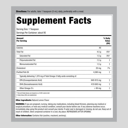 Piping Rock Omega 3 Fish Oil Liquid | 16 Fl Oz | Mercury Free | Lemon Flavor | 1370 mg Active Omega-3 Supplement | Non-GMO, Gluten Free