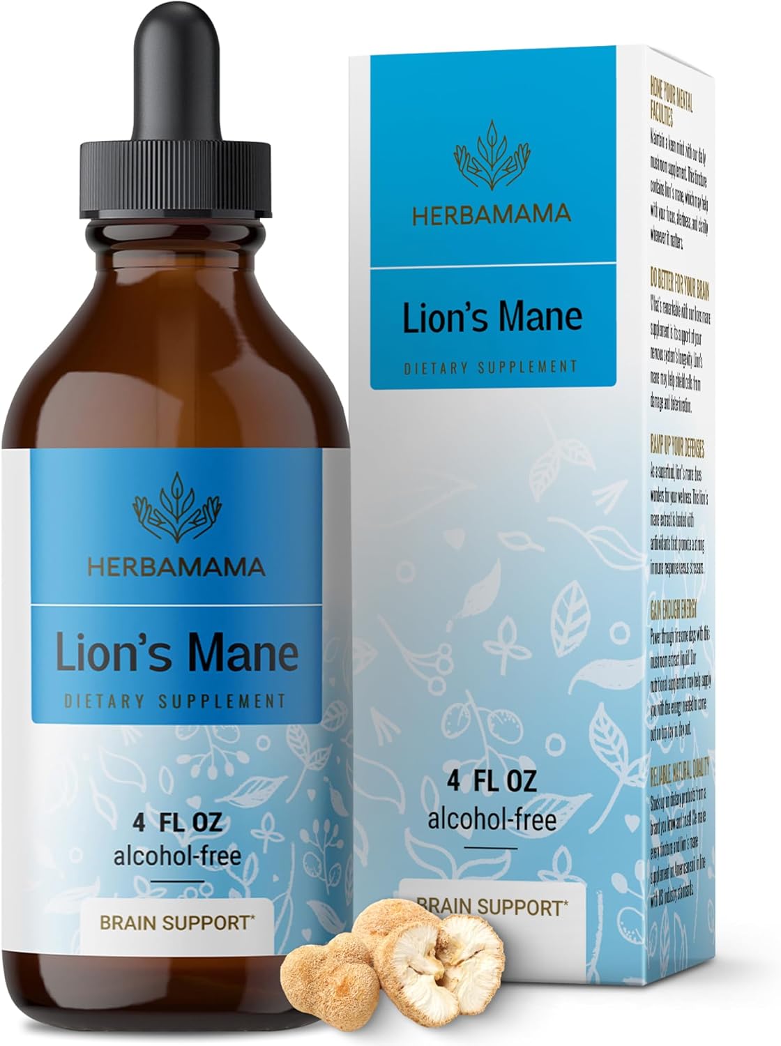 Herbamama Lion'S Mane Liquid Drops - Lion'S Mane Mushroom Vegan Focus Supplement - Brain Health Lion'S Mane Tincture - Sugar & Alcohol-Free, 84-Day Supply