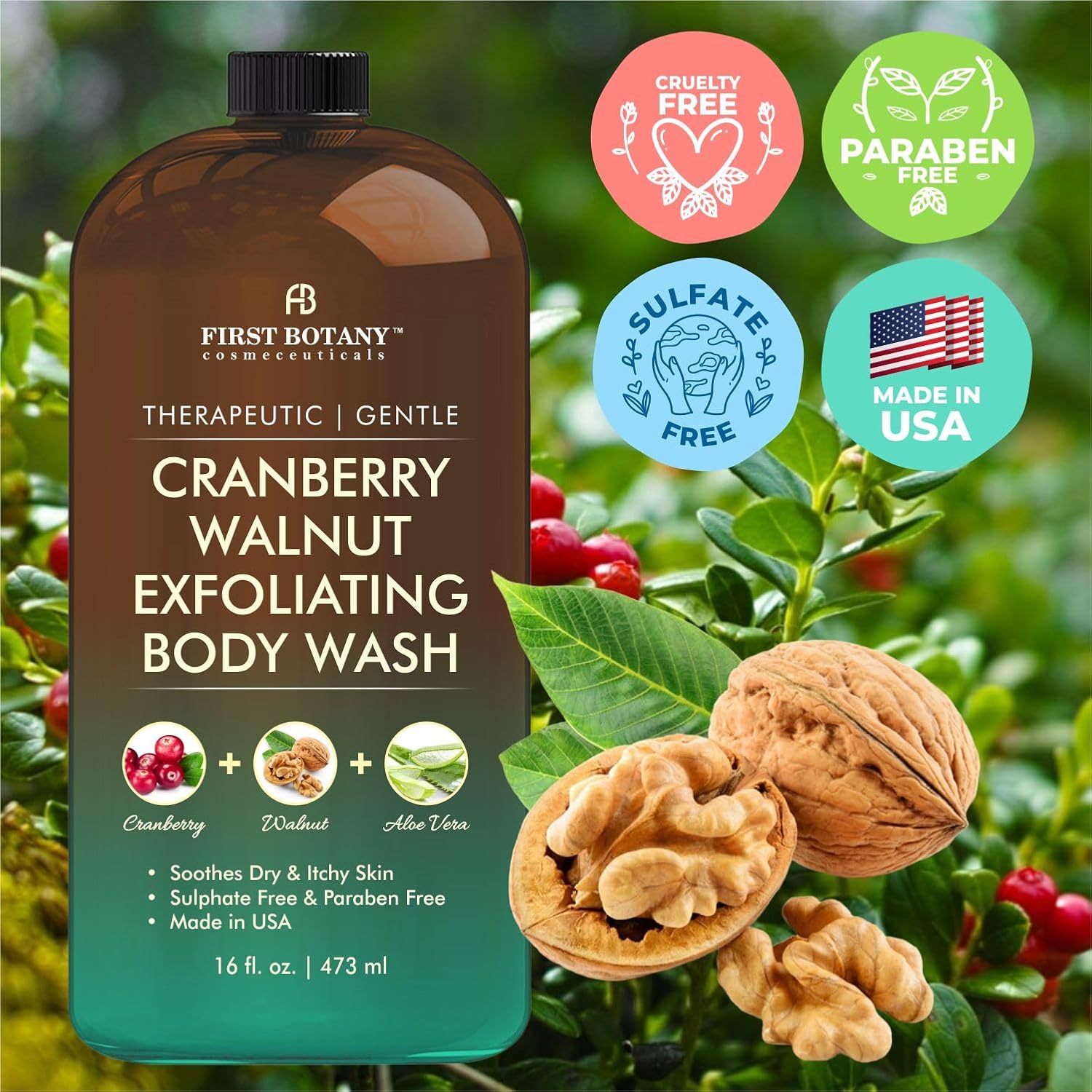 ALL Natural Body Wash - Fights Body Odor, Athlete’s Foot, Jock Itch, Nail Issues, Dandruff, Acne, Eczema, Shower Gel for Women & Men, Skin Cleanser -16 fl oz (Cranberry Walnut) : Beauty & Personal Care