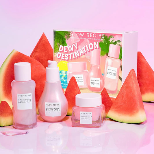 Glow Recipe Dewy Destination Skin Care Set - Watermelon Glow Pha + Bha Pore-Tight Toner (40Ml) + Niacinamide Serum Dew Drops (40Ml) + Overnight Aha Treatment (60Ml) - Vegan Skincare For Glowing Skin