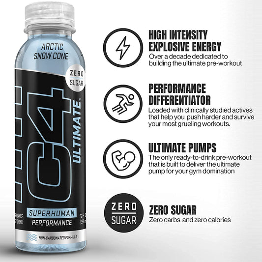 C4 Ultimate Non-Carbonated Zero Sugar Energy Drink, Pre Workout Drink + Beta Alanine, 12 Fl Oz (Pack Of 12)